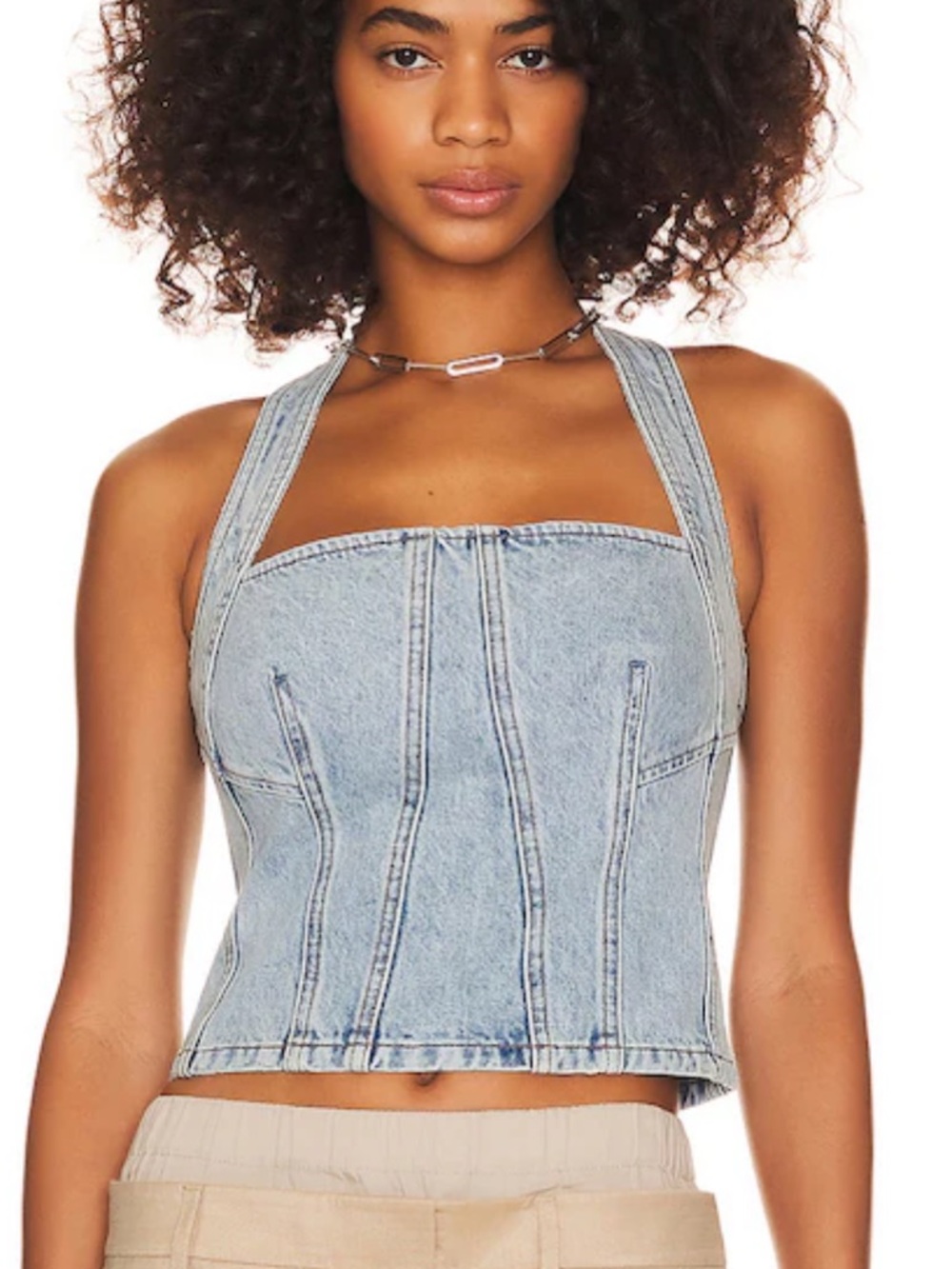Denim Halter Crop Bustier Top Large Sincerely Jules Blue Acid Wash Stretch